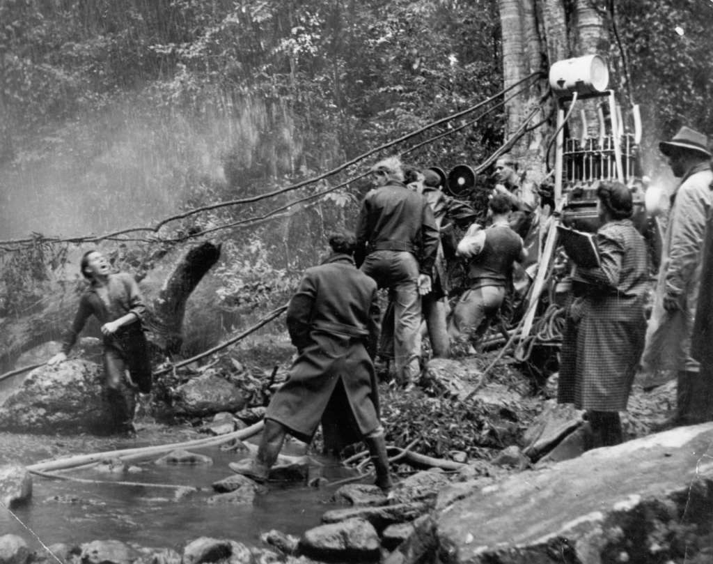 Crew filming Michael Pate as Shane in the storm scene